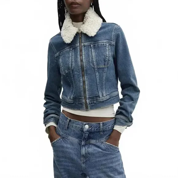 Mango Denim Jacket with Shearling Collar Gio Medium Vintage Blue NWT XXL